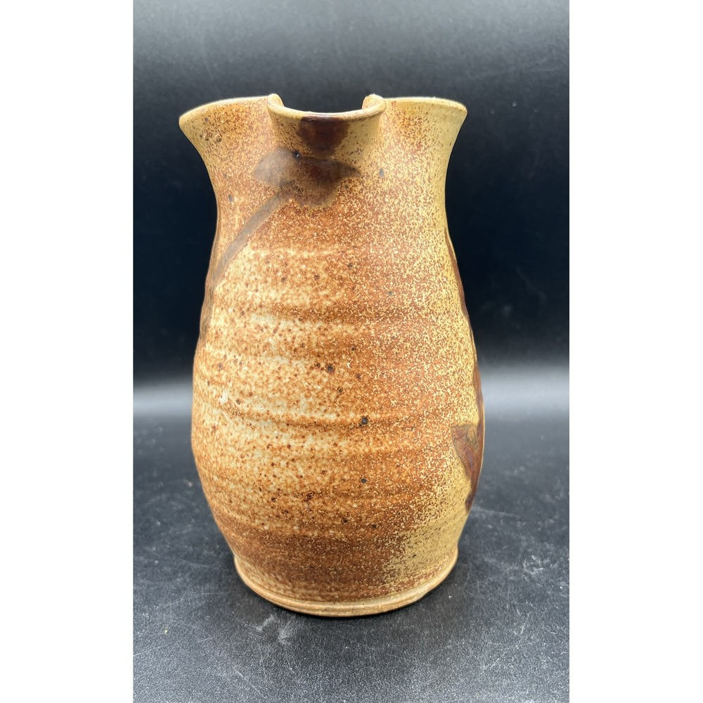 Studio Pottery Hand Thrown Pitcher Tan Brown Speckled Leaf Motif Signed K 7in - Picture 4 of 9
